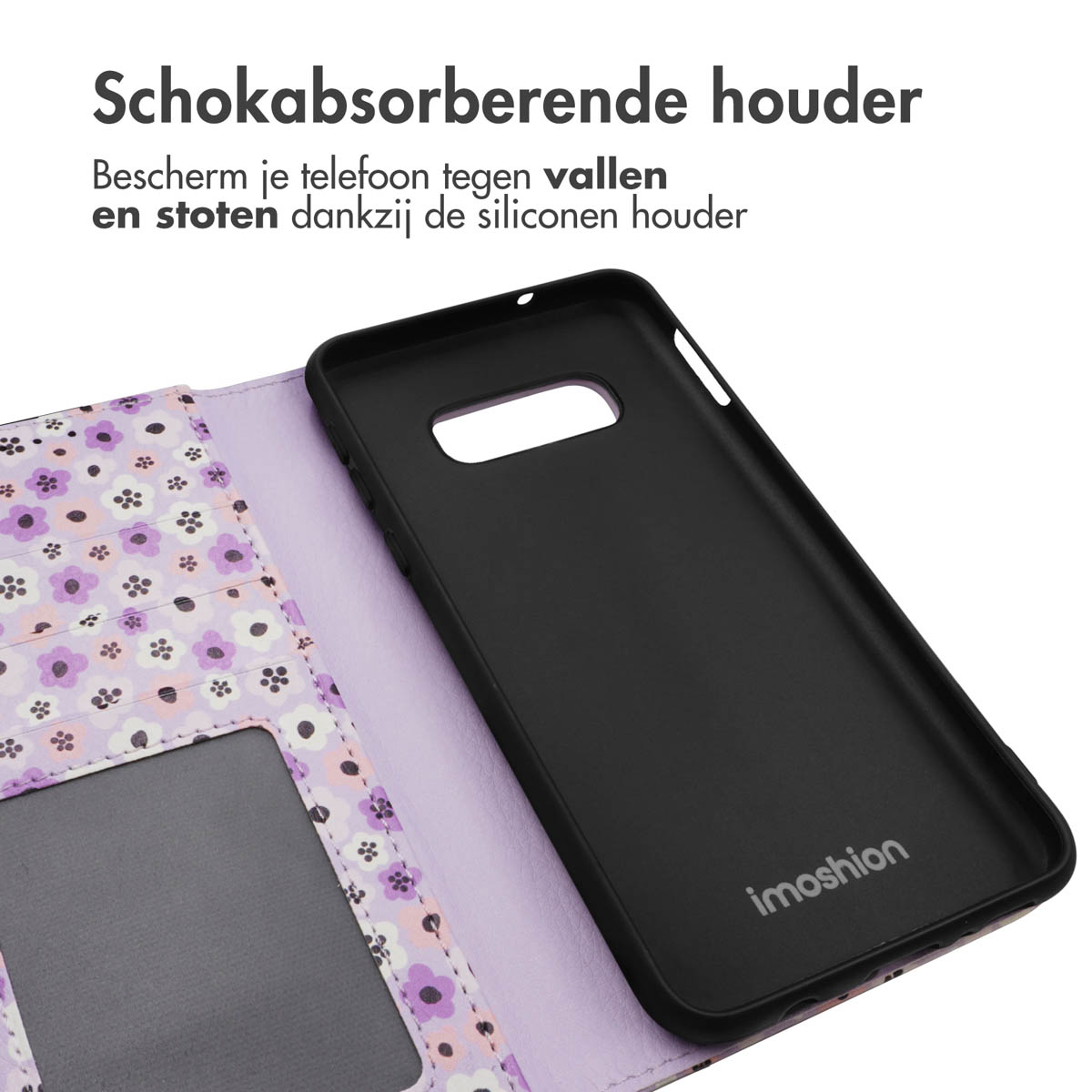 Étui de téléphone ouvert avec motif floral. Le téléphone est dans l'étui.