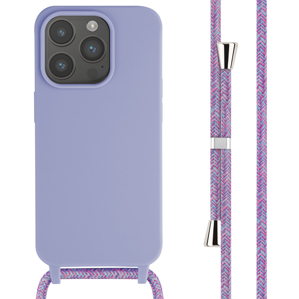 Paarse telefoonhoes met lanyard, telefoon naar links gekanteld, twee koorden met zilveren accenten.
