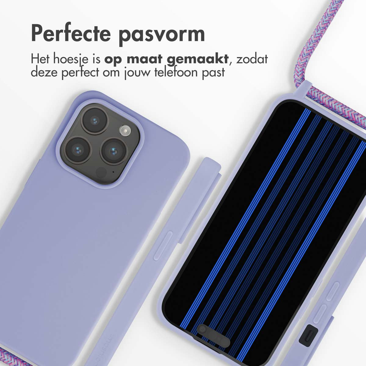 Ein lila Handyhülle mit Kameraschutz und ein Telefon mit blauen Streifen.