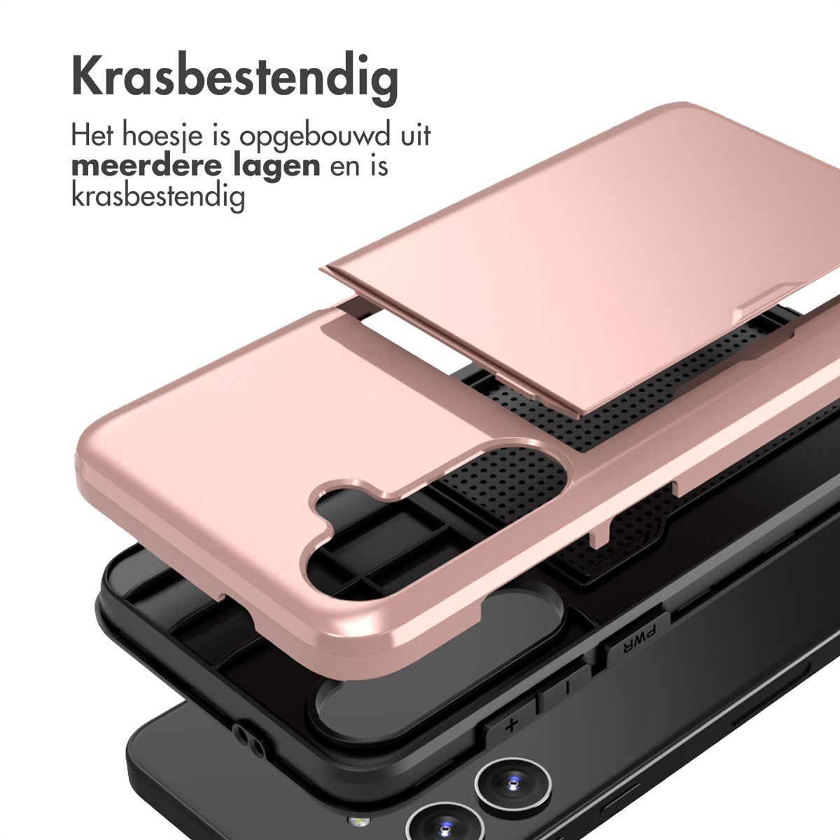 Telefoonhoes geopend om de lagen te laten zien. De hoes is roségoud en zwart.