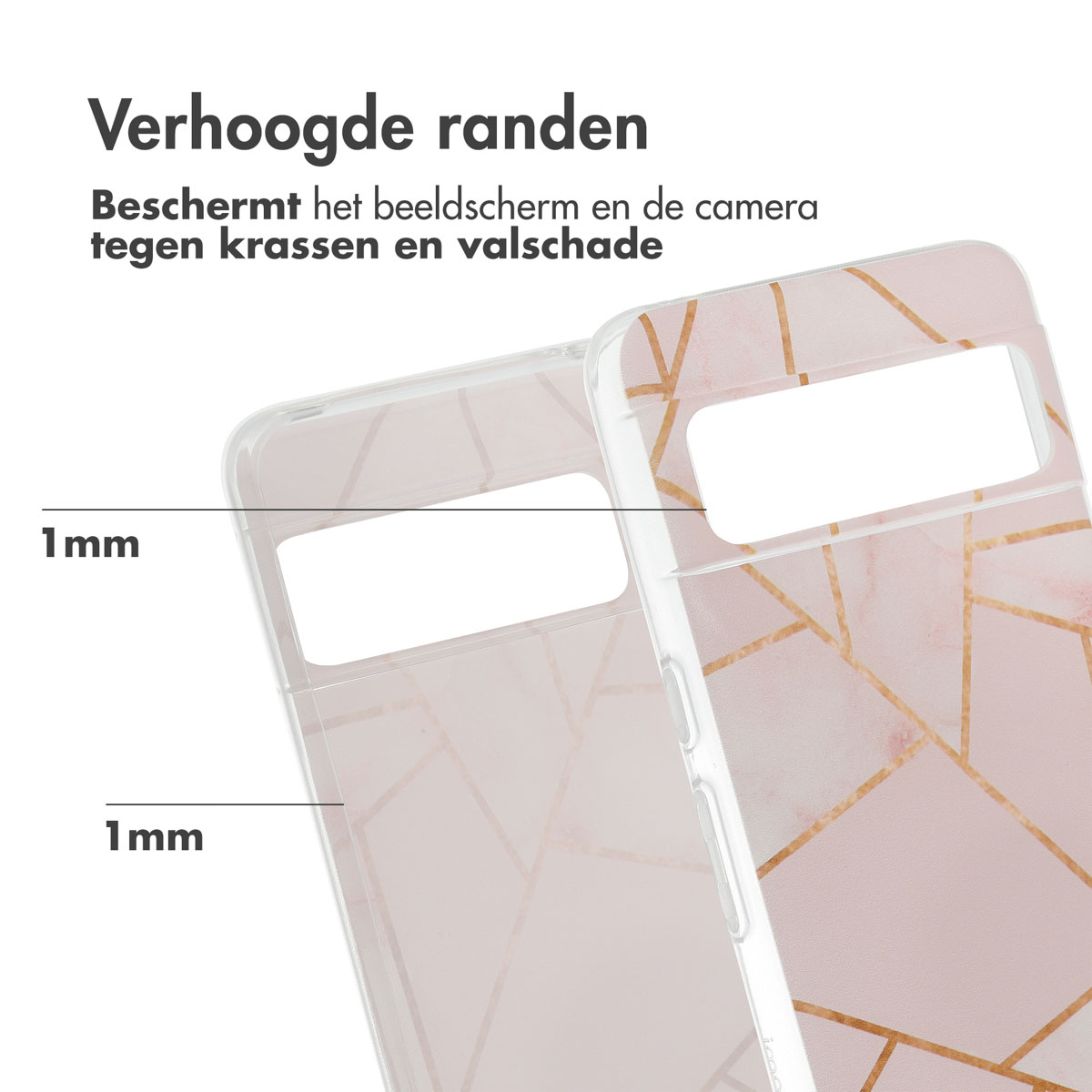 Een close-up van een telefoon met een transparante hoes. De hoes zit op de telefoon.