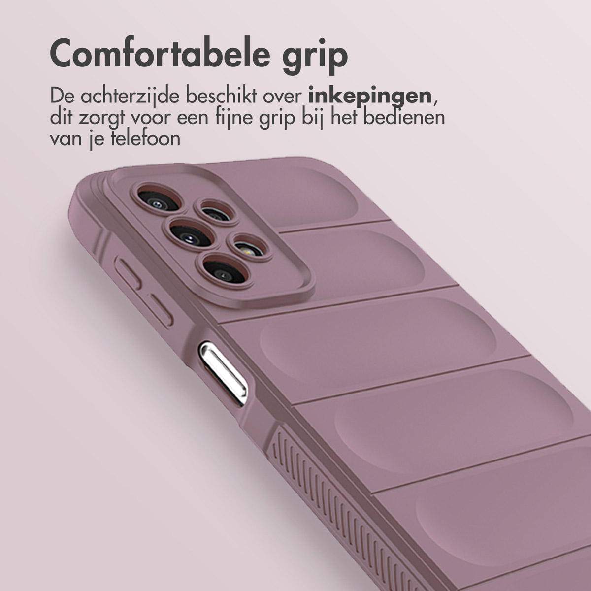 Purple phone case with a ridged design. Text says: The back has indentations providing a fine grip on the phone.