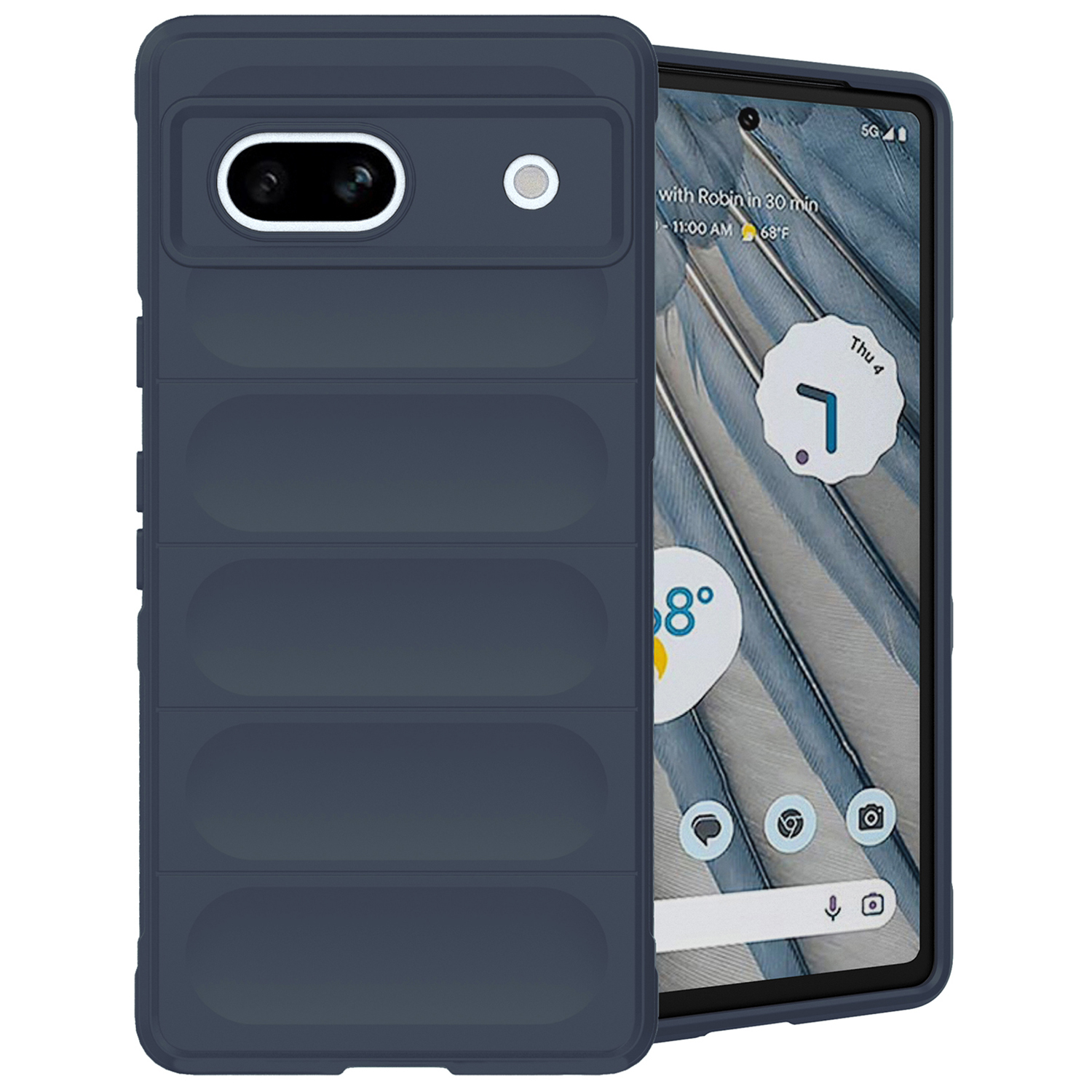 Dark blue phone case on a phone. Text: Comfortable grip.