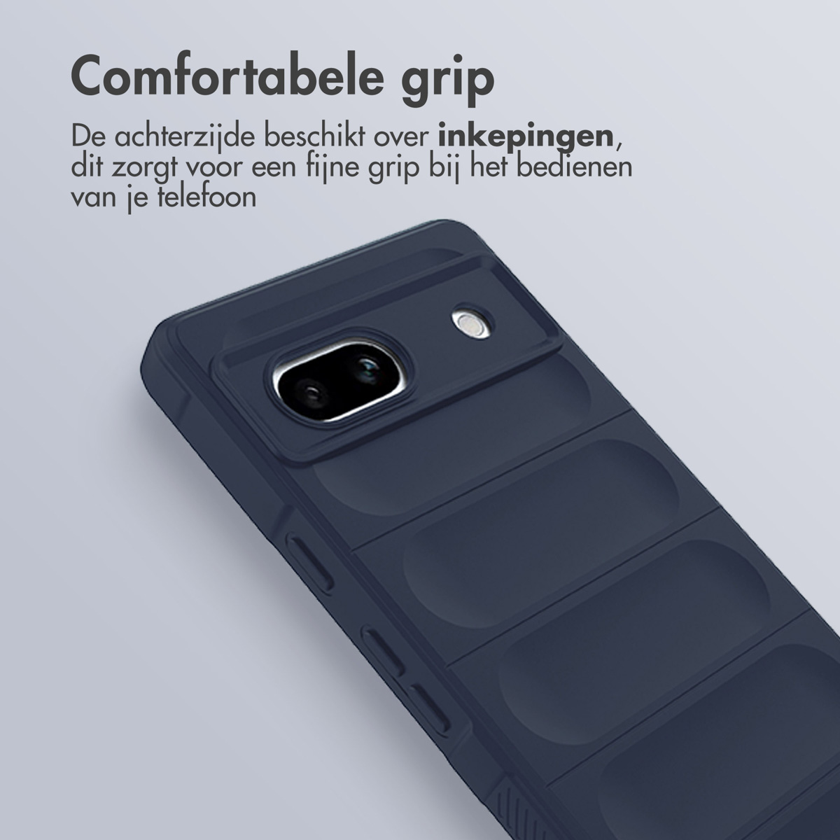 Dark blue phone case. Text: Comfortable grip.