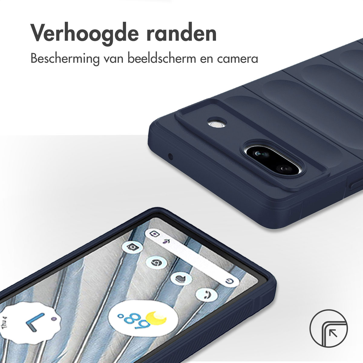 Dark blue phone case on a phone. Text: Raised edges.