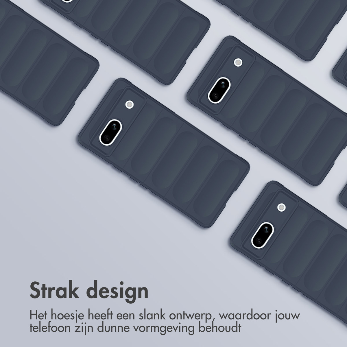 Multiple dark blue phone cases. Text: Sleek design.