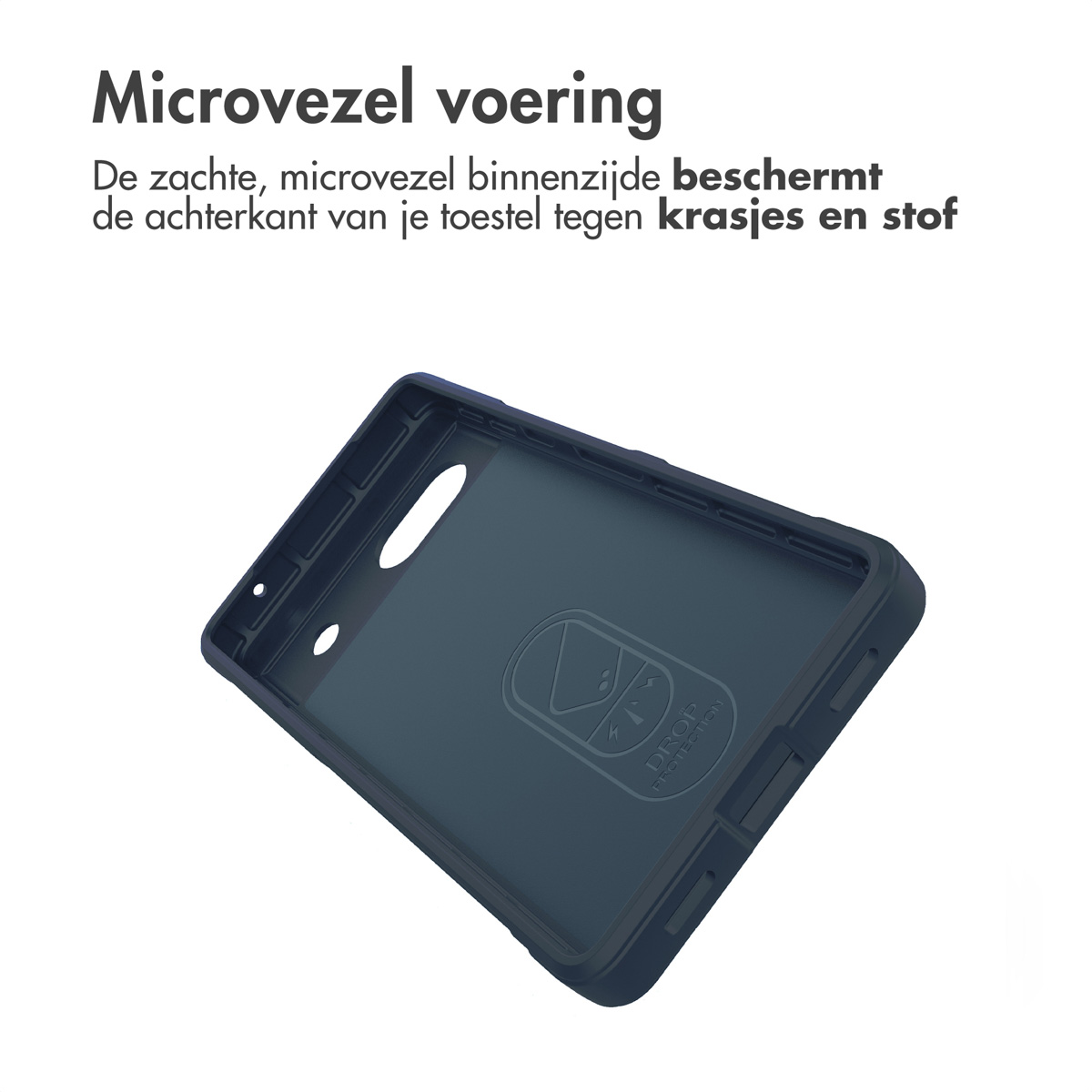 Blue phone case interior. It has a microfiber lining and the Drop Protection logo.