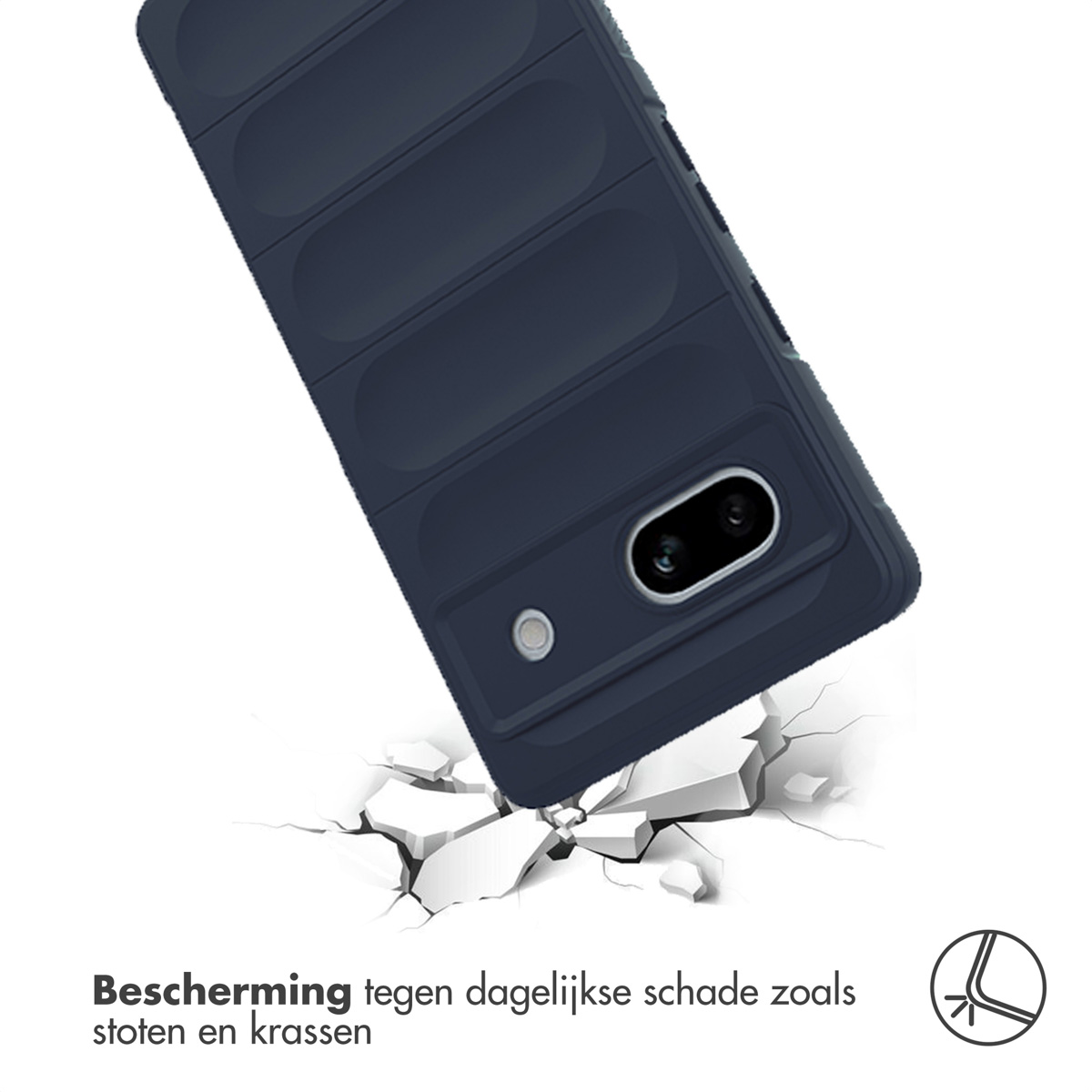 A phone in a blue case is dropping, breaking the ground.