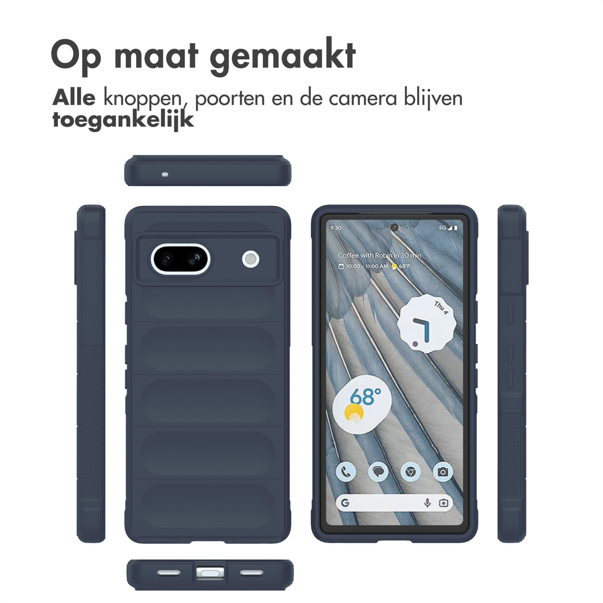Multiple views of a phone in a blue case. The case has a lined design.