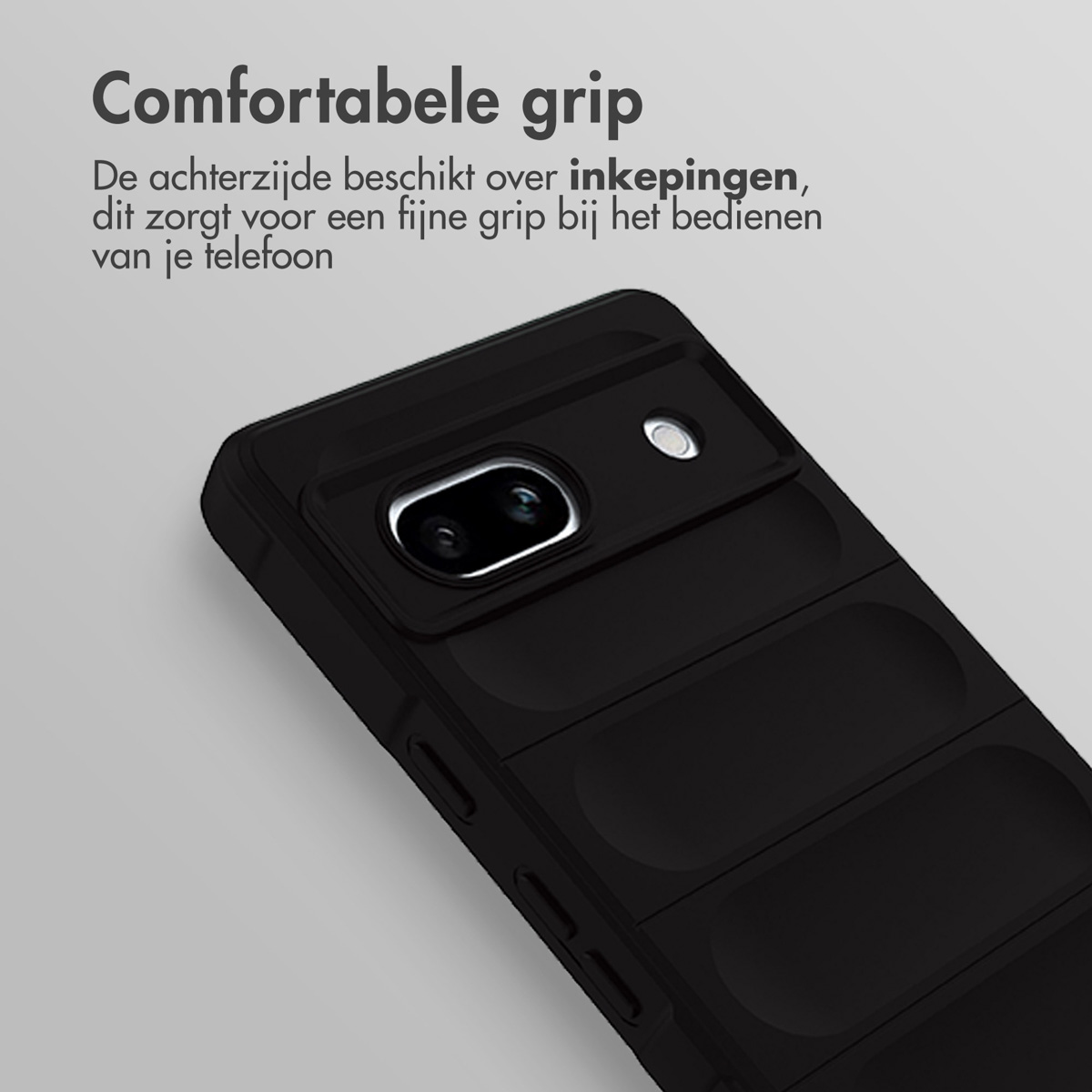 Schwarze Handyhülle mit vertieftem Design. Text: Angenehmer Griff.