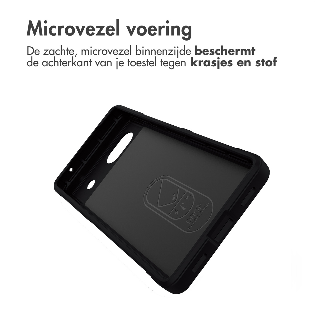 Schwarzes Handyhülle mit Mikrofaserfutter und "Drop Protection" Logo.