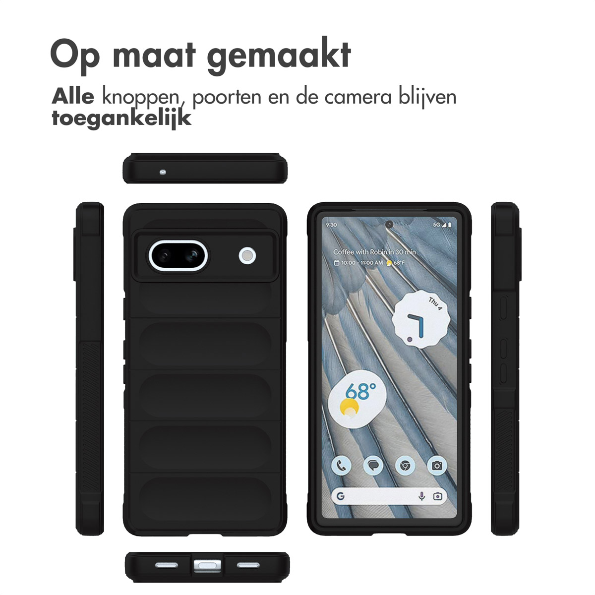 Schwarze Handyhülle in verschiedenen Ansichten, Telefonbildschirm zeigt Wetter und Uhrzeit.