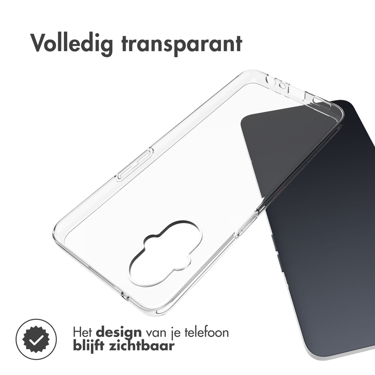 Custodia trasparente per telefono, trasparente. Il telefono è scuro con schermo visibile.