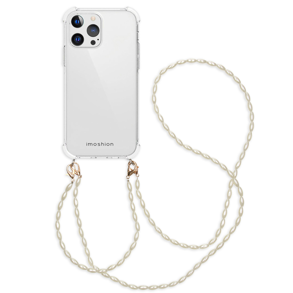 Transparante telefoonhoes met een telefoonriem met parelketting.