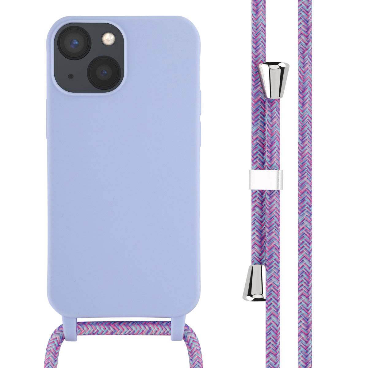 Coque de téléphone bleue avec lanière à motifs, avec détails argentés, sur fond blanc.
