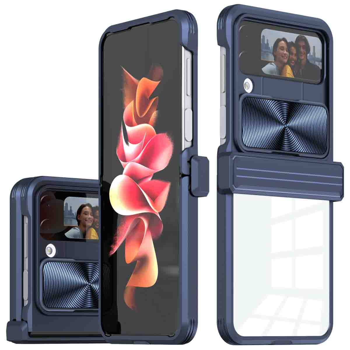 Coque de téléphone bleue avec un écran. Le téléphone a trois caméras. Trois images montrent différents angles de la coque.