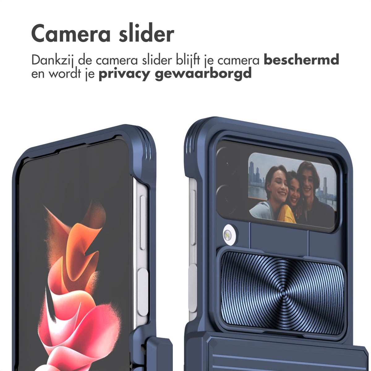 Coque de téléphone bleue avec curseur d'appareil photo et photo de trois personnes.