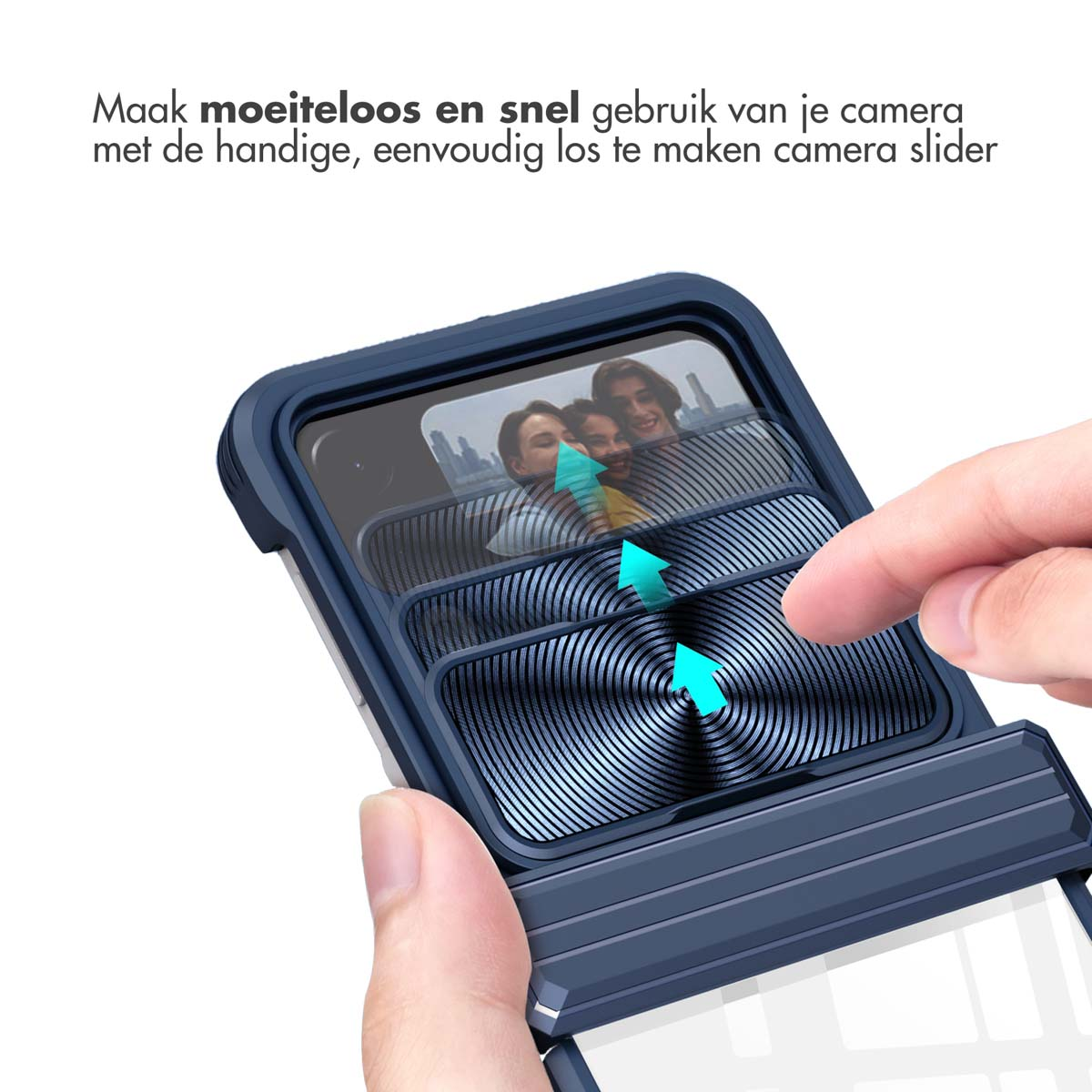 Une main utilise un curseur de téléphone bleu foncé pour faire fonctionner l'appareil photo.