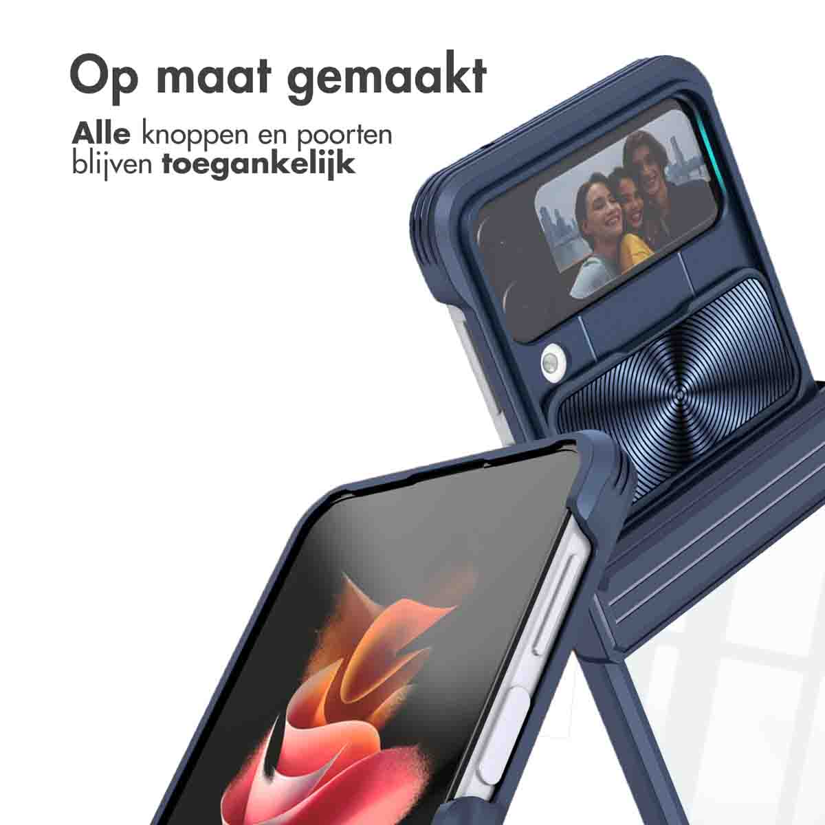 Une coque de téléphone bleue en l'air. Téléphone et écran visibles. L'écran affiche une photo.