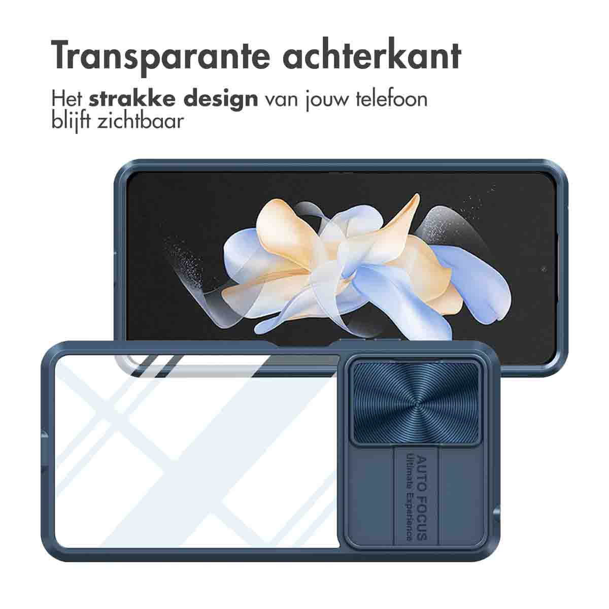 Une coque de téléphone bleue avec dos transparent et boîtier caméra.