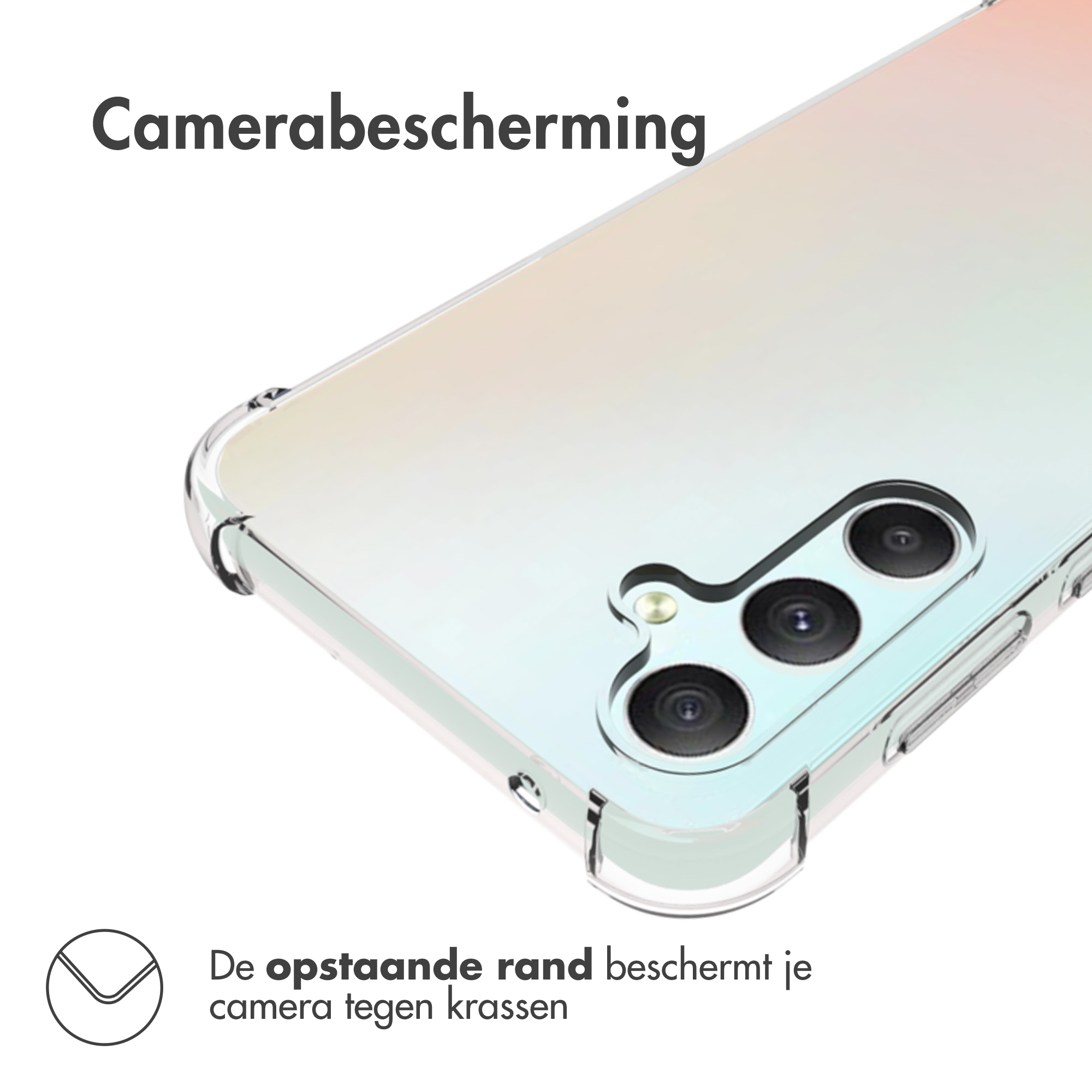 Transparente Handyhülle, die die Kamera schützt. Hat einen erhöhten Rand.