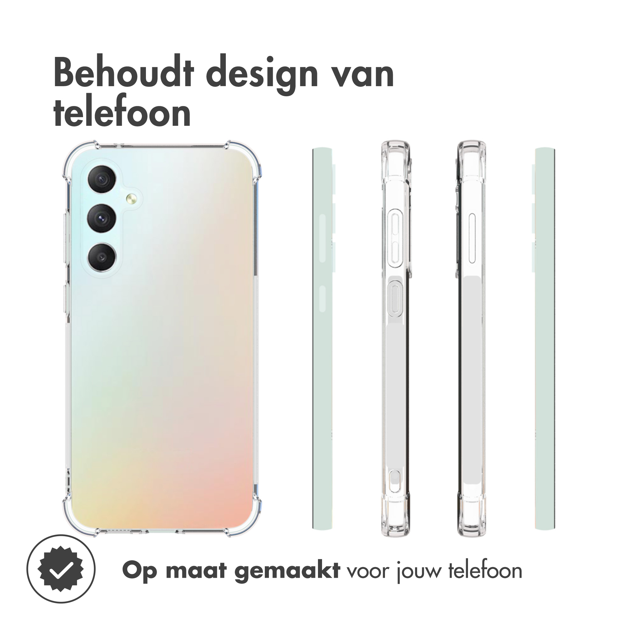 Transparente Handyhülle und Telefon. Text: Behält Telefondesign bei. Maßgefertigt für Ihr Telefon.