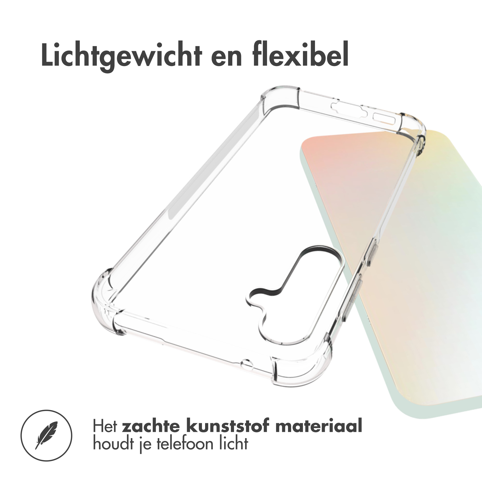 Transparente Handyhülle. Text: Das weiche Kunststoffmaterial hält Ihr Telefon leicht.