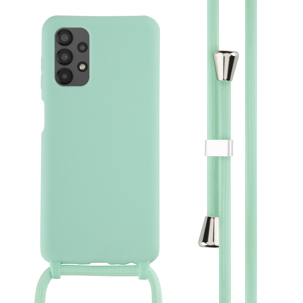 Mint green phone and matching lanyard, phone angled, silver accents on the lanyard.