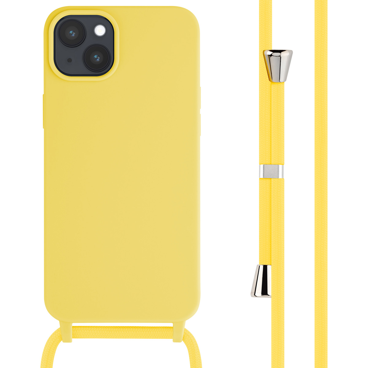 Gele telefoonhoes met een gele riem. Witte achtergrond.