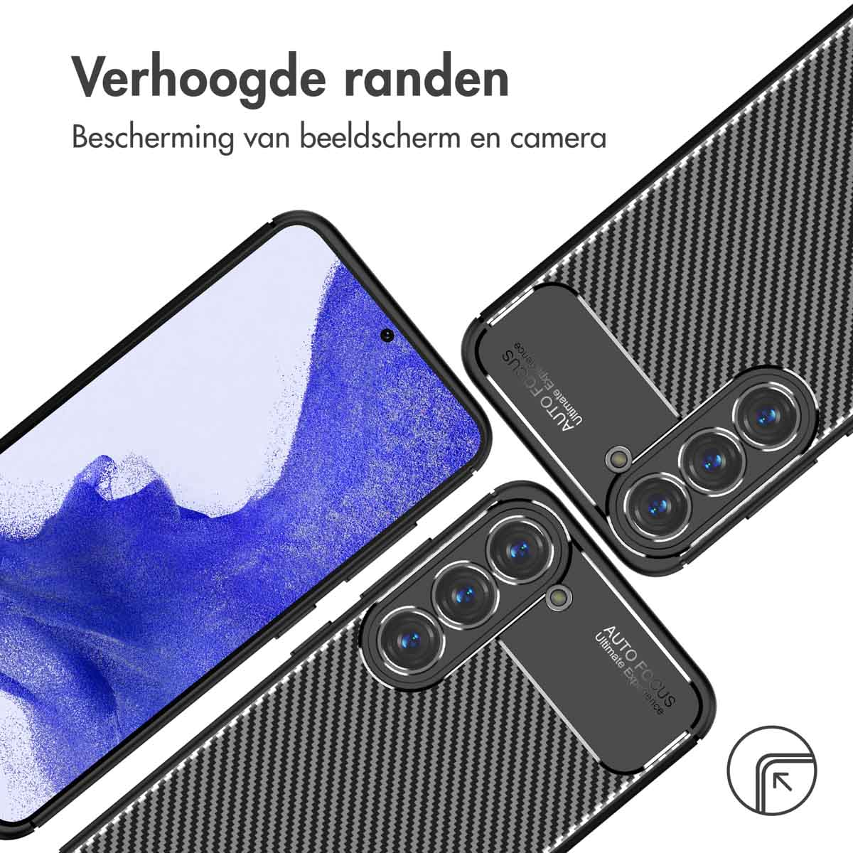 Twee telefoonhoesjes met carbonpatroon en camerasystemen, een smartphone display.