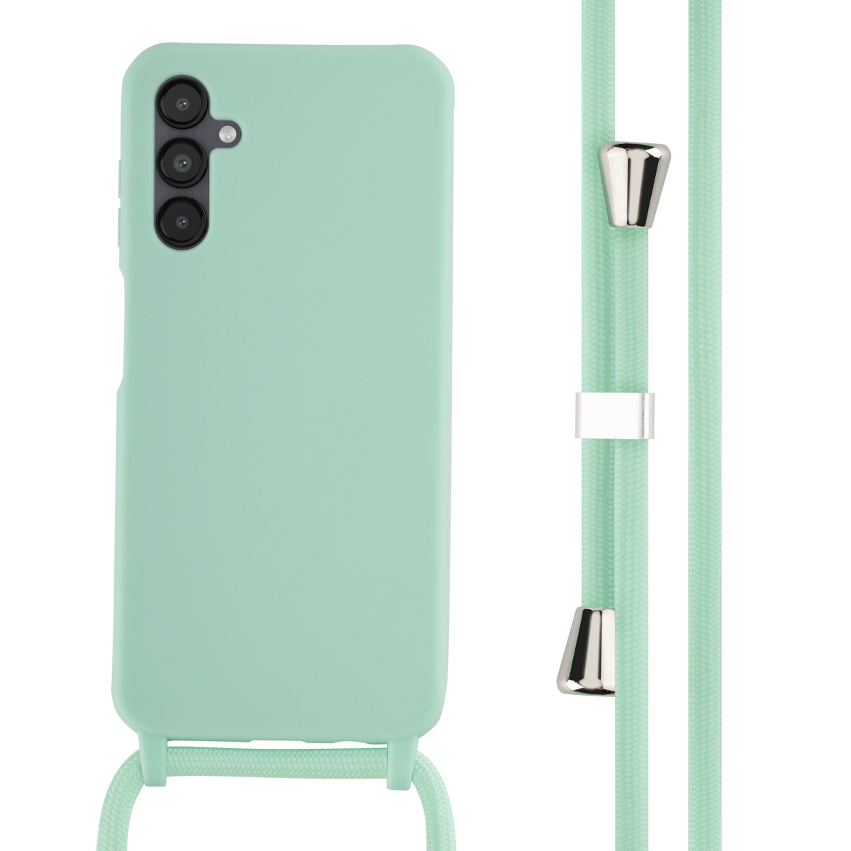 Mintgroen telefoonhoesje en koord, met zilveren details, op een wit oppervlak.
