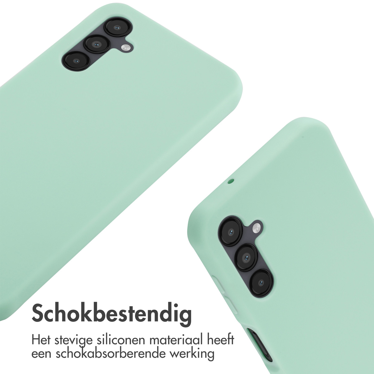 Twee mintgroene telefoonhoesjes met camerasystemen op witte achtergrond.