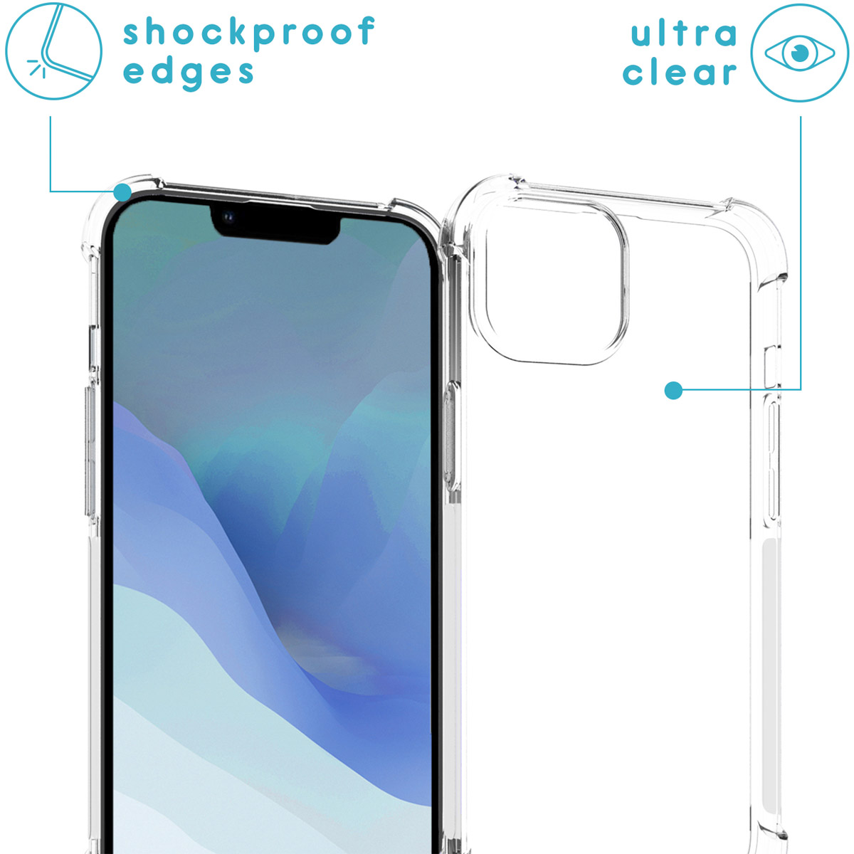 Coque de téléphone transparente affichant un téléphone avec écran bleu et blanc. Bords antichoc et design ultra clair.