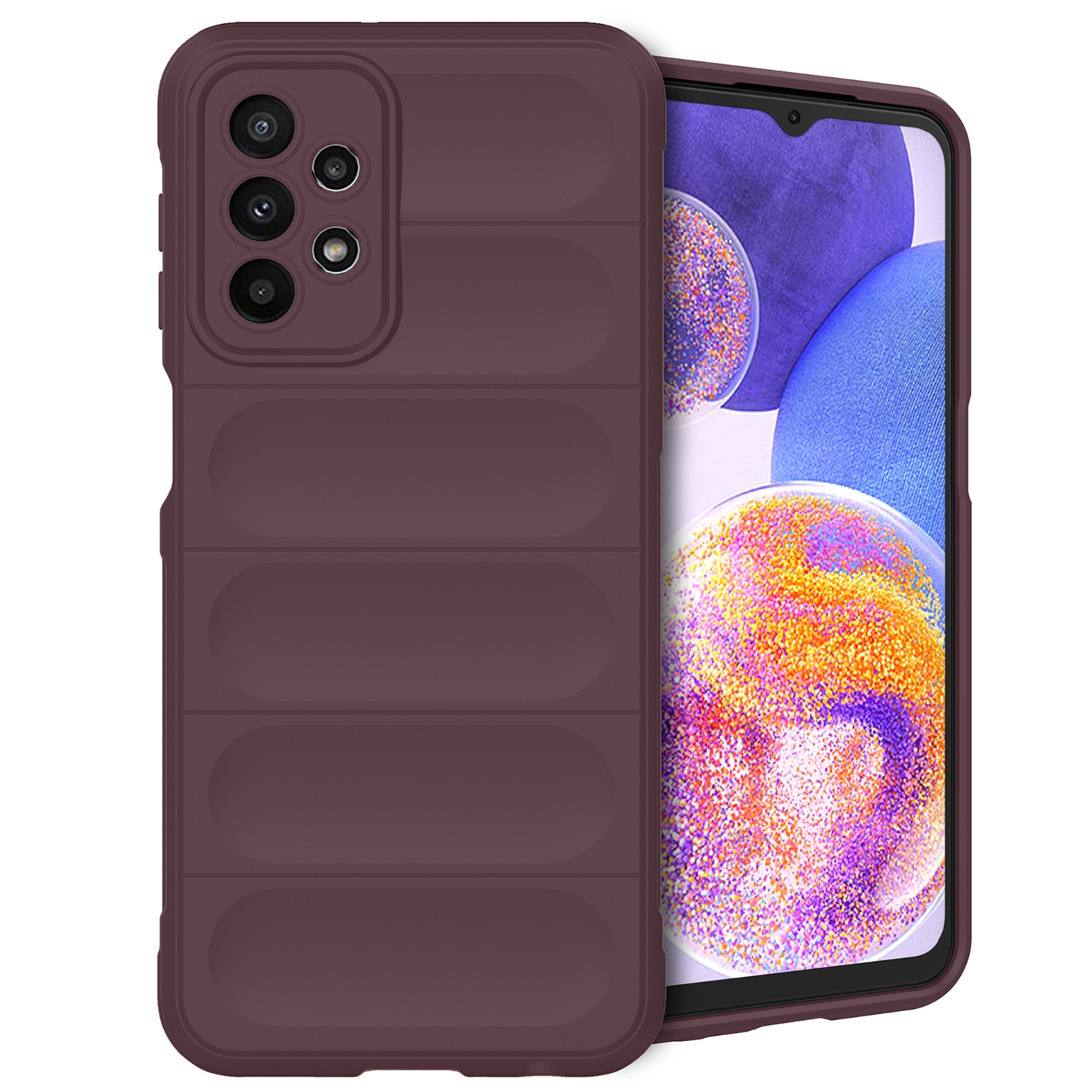 Purple phone case with a ridged design. The phone screen is visible. The case has three camera lenses.
