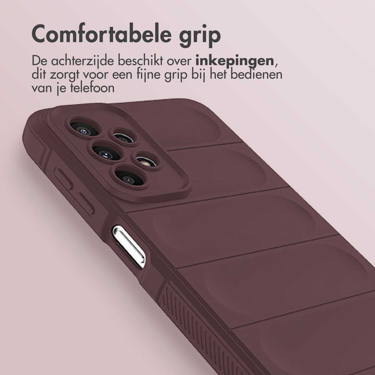 A brown phone case with a textured surface is shown on a pink background.