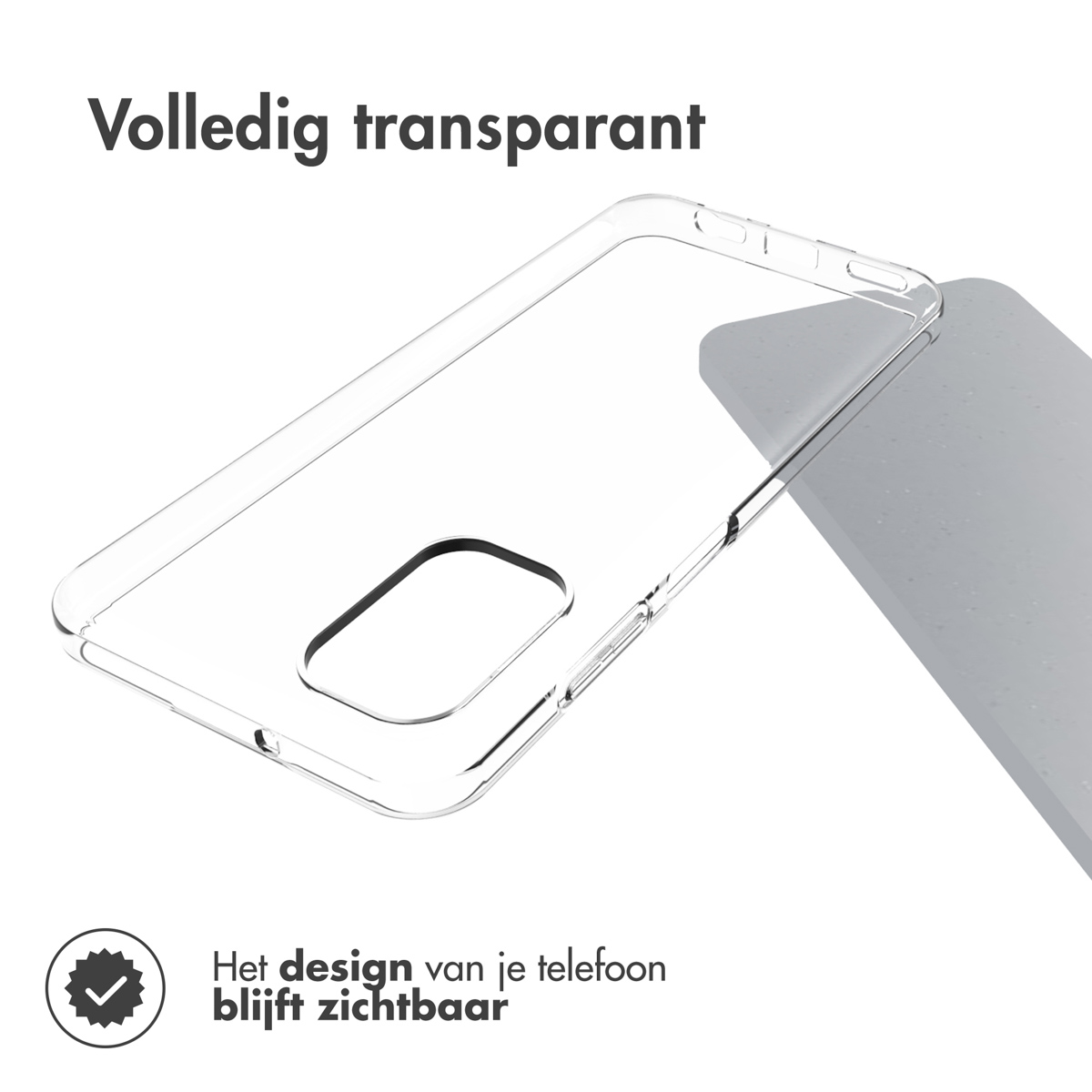 Custodia trasparente per telefono con ritaglio fotocamera, su superficie grigia.