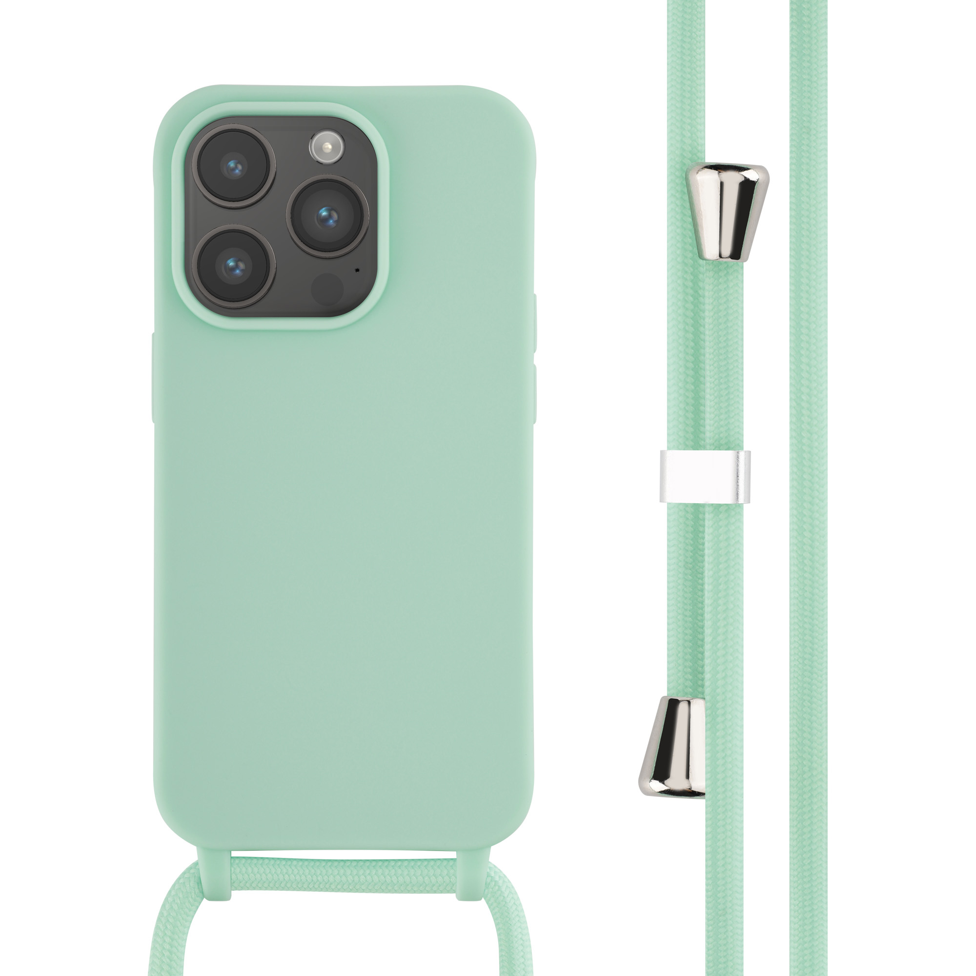 Mintgroene telefoonhoes met een bijpassend groene lanyard. Zilveren accenten op de lanyard.