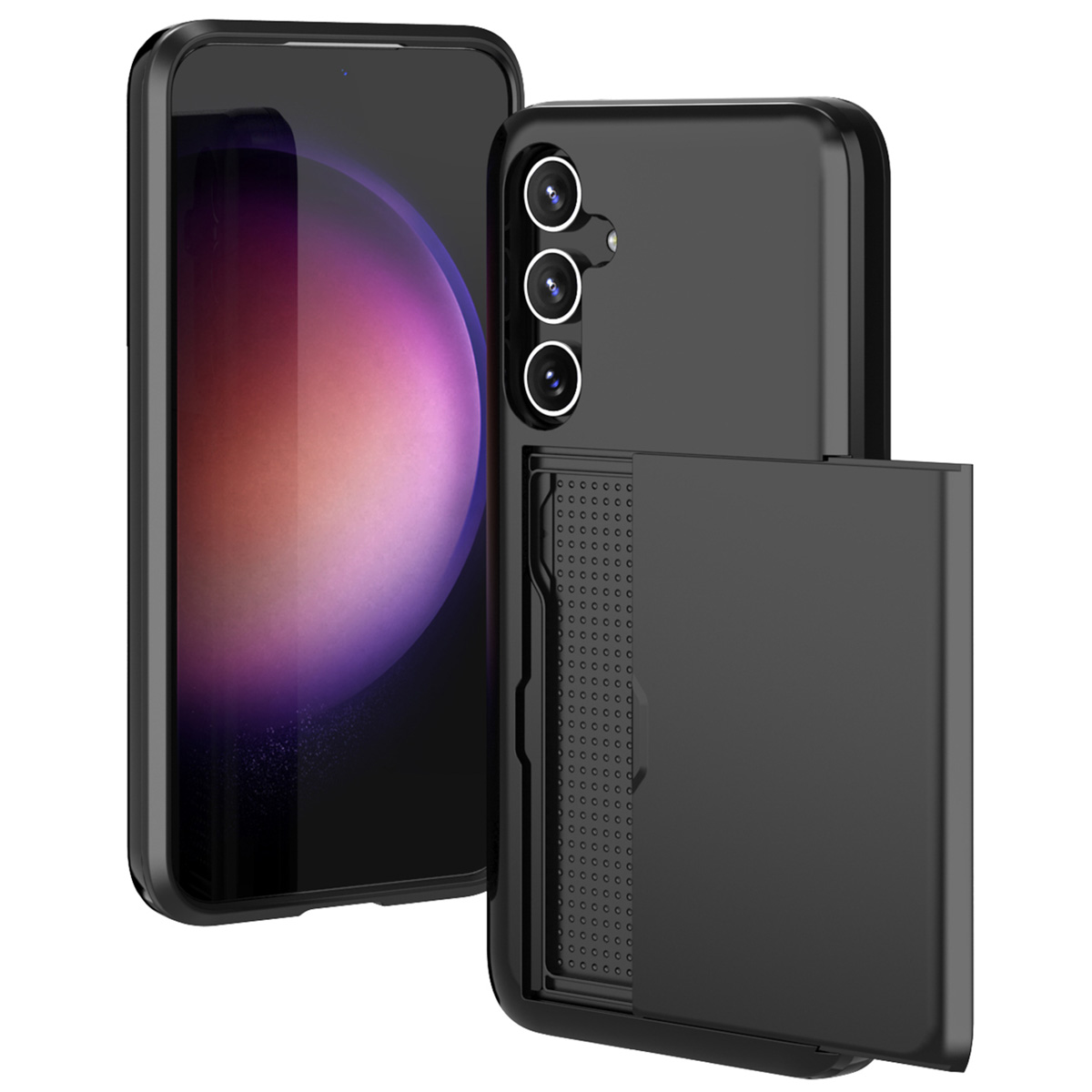 Téléphone et coque noirs, porte-carte, téléphone incliné, fond blanc.