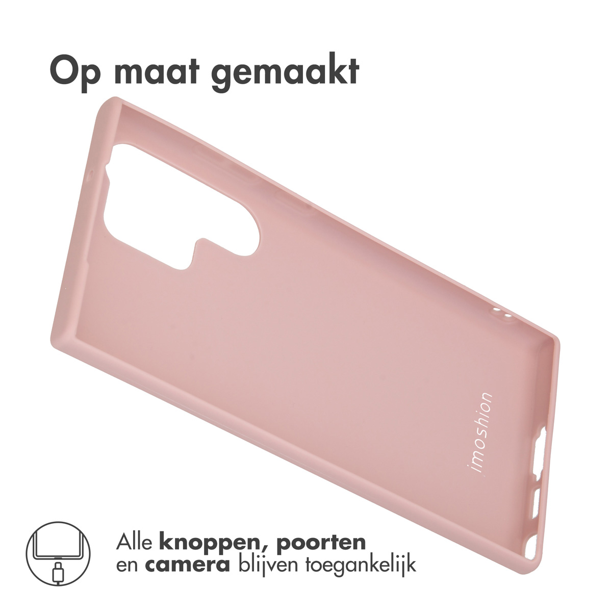 Een roze telefoonhoesje ligt op een witte achtergrond met tekst.