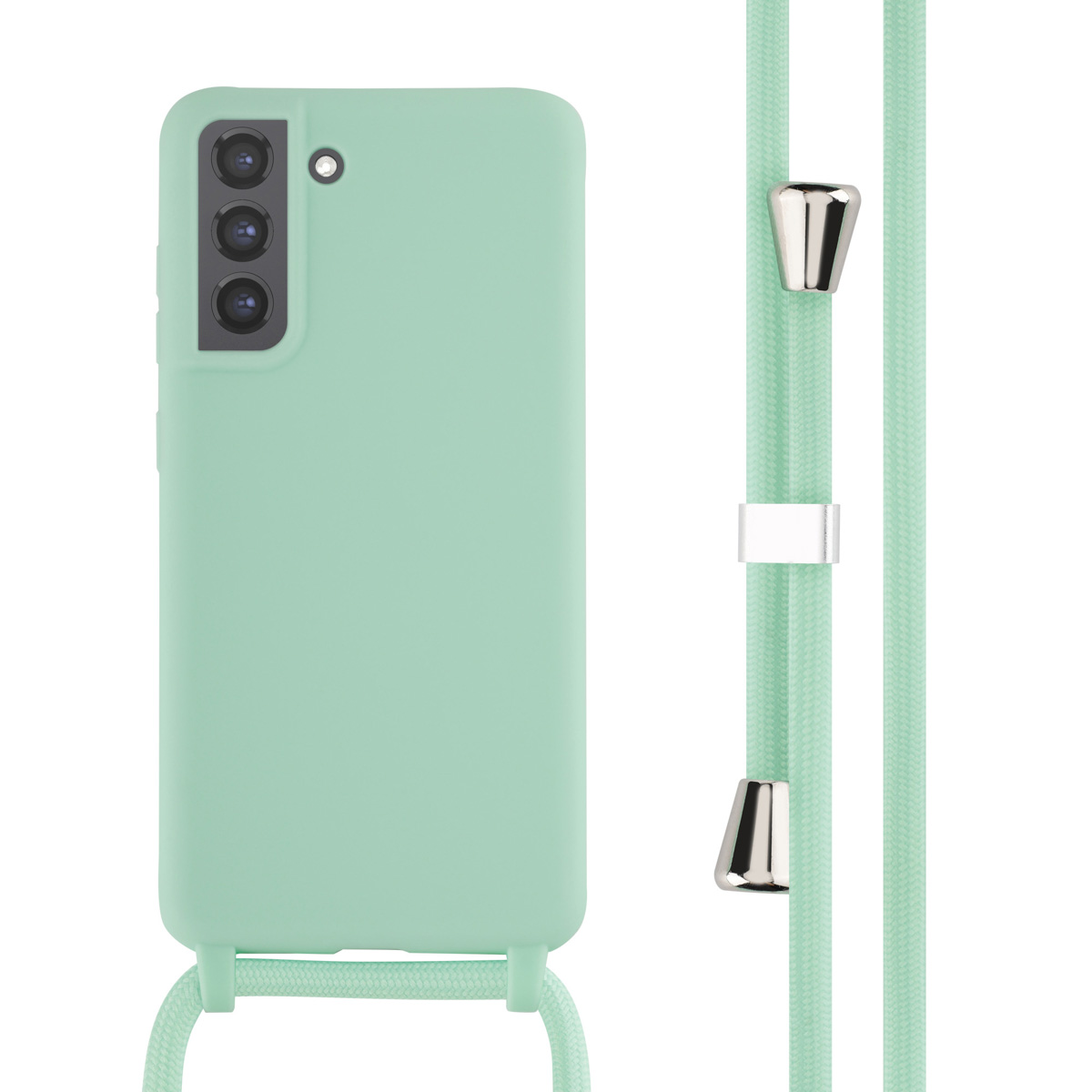 Coque de téléphone vert menthe avec cordon. La coque est attachée à un cordon avec des accents argentés et un curseur blanc.