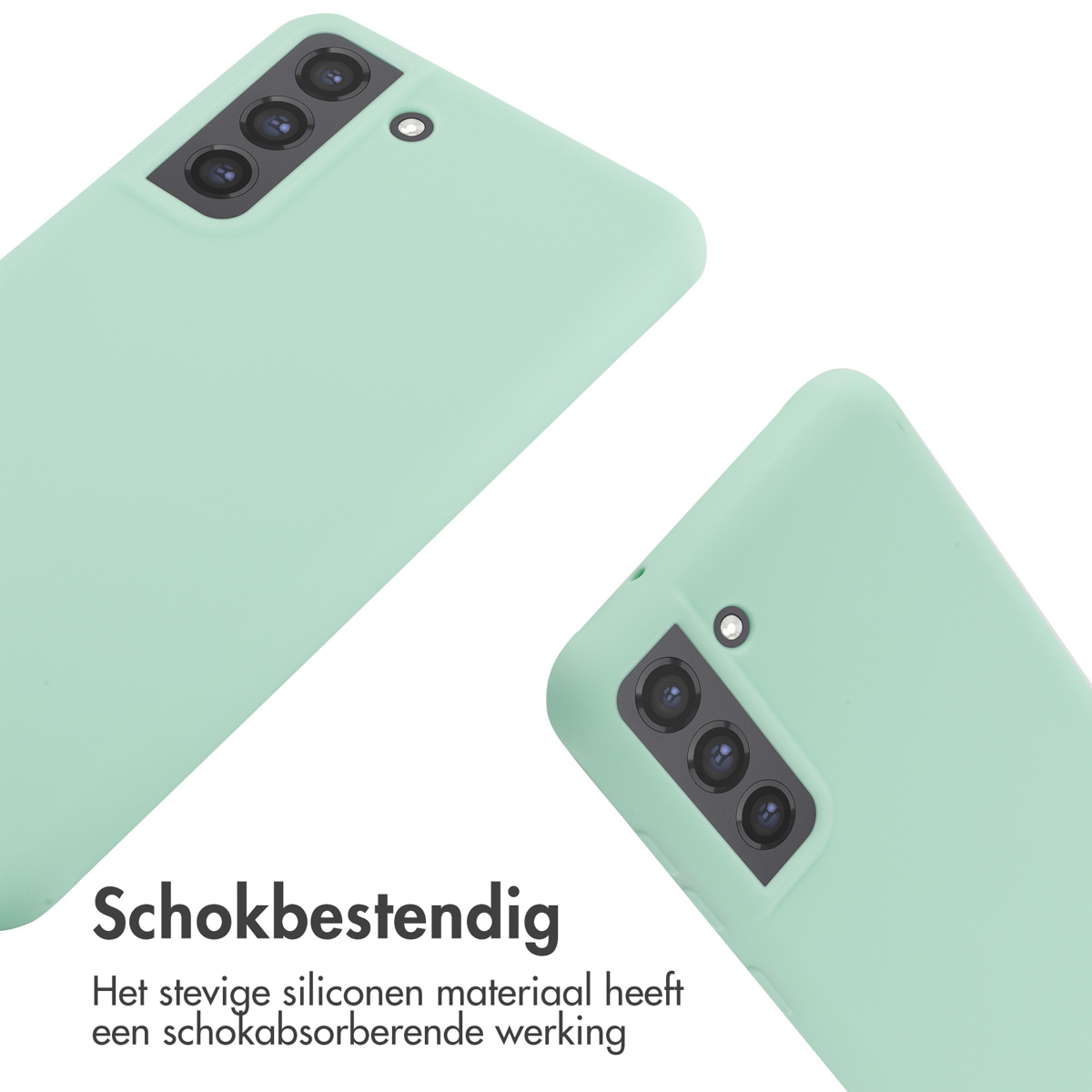 Deux coques de téléphone vert clair avec modules caméra sur fond blanc.