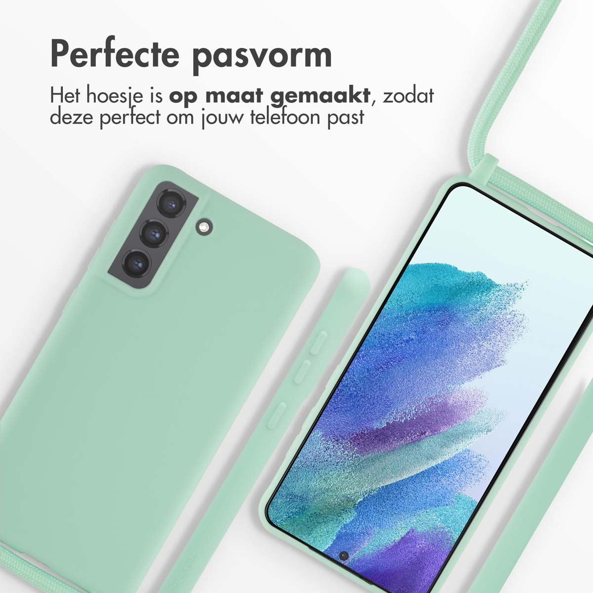 Une coque de téléphone vert menthe et un smartphone avec fond coloré.