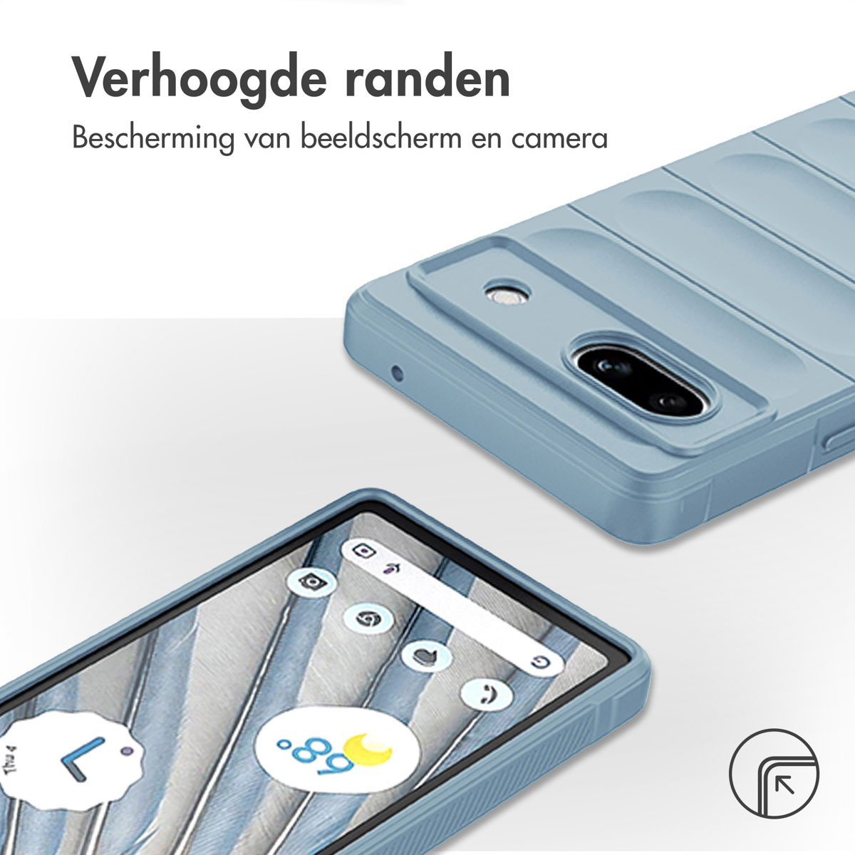 Ein blaues Handy mit Hülle, das auf einer weißen Fläche liegt.
