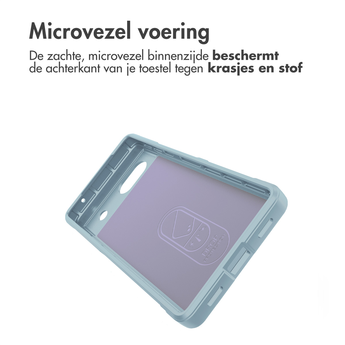 Hellblaue Handyhülle mit Mikrofaserfutter und "Drop Protection" Logo.