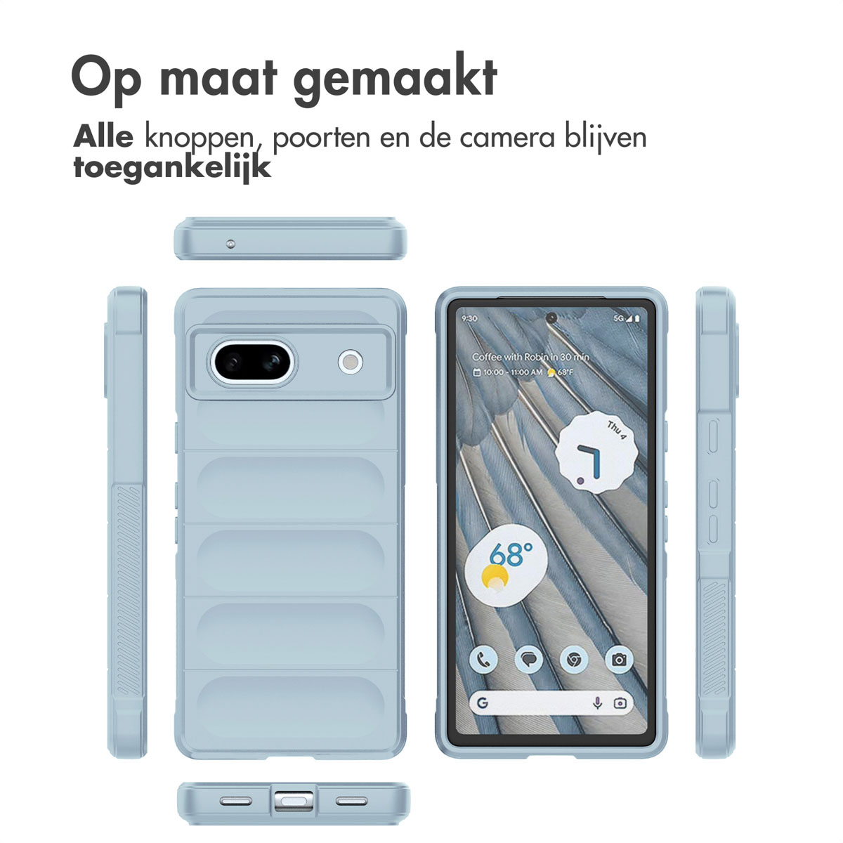 Hellblaue Handyhülle in verschiedenen Ansichten, mit Handy-Display.