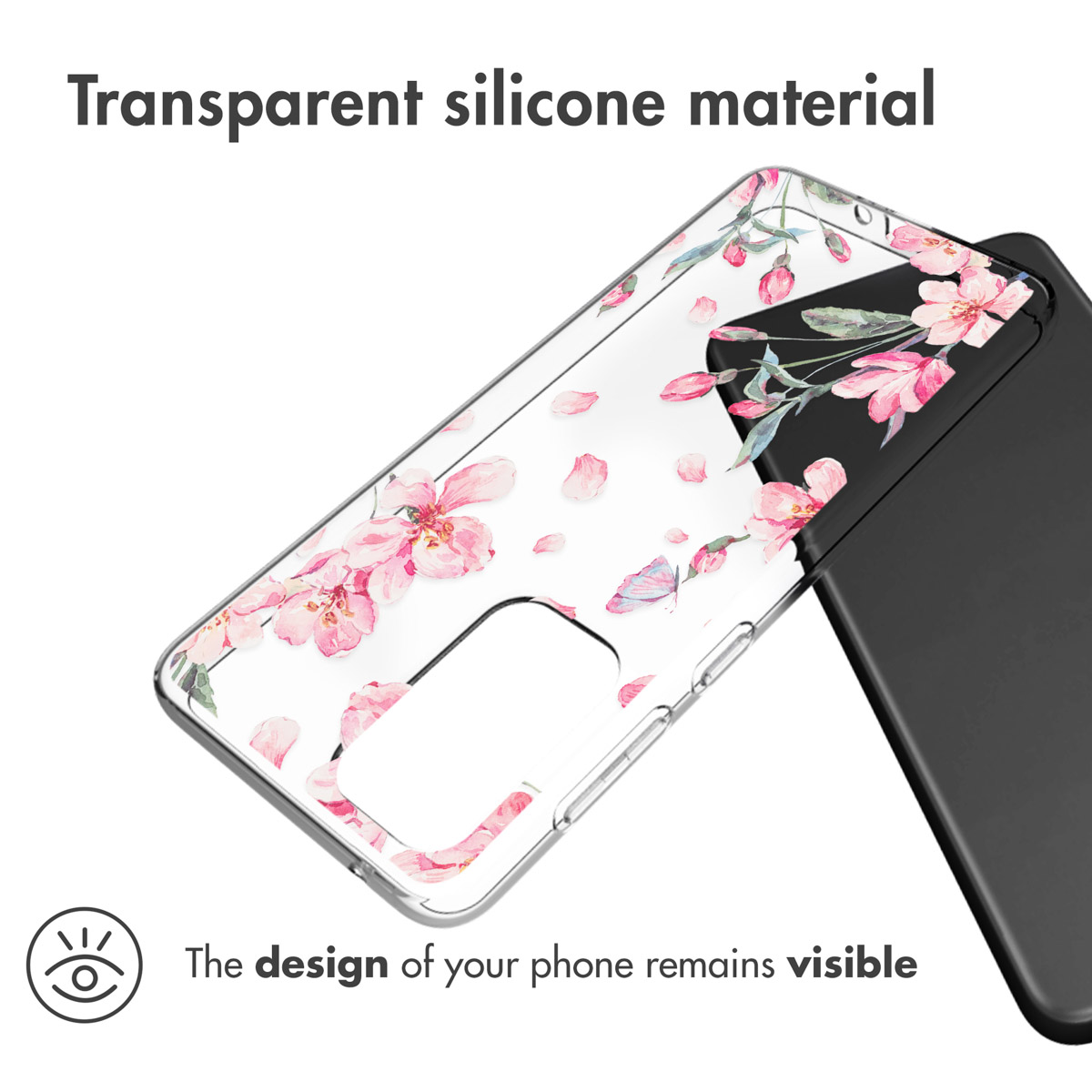 Coque de téléphone transparente avec motif floral rose sur un téléphone noir.