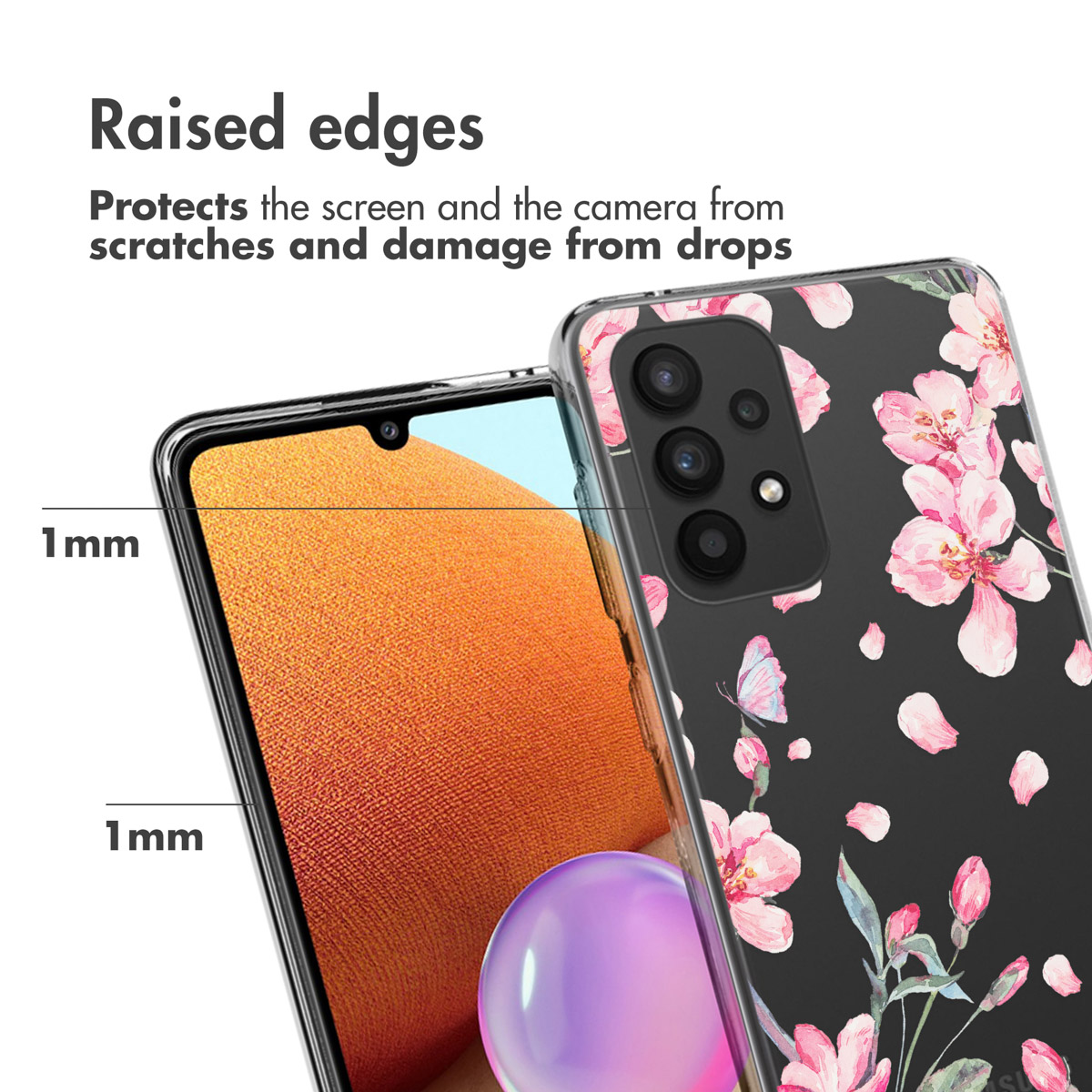 Coque de téléphone transparente avec fleurs roses et papillons. Bords surélevés protègent l'écran.