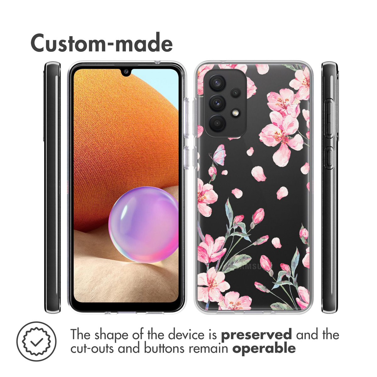 Un smartphone avec une coque à motif floral. Vues du smartphone à gauche et à droite.