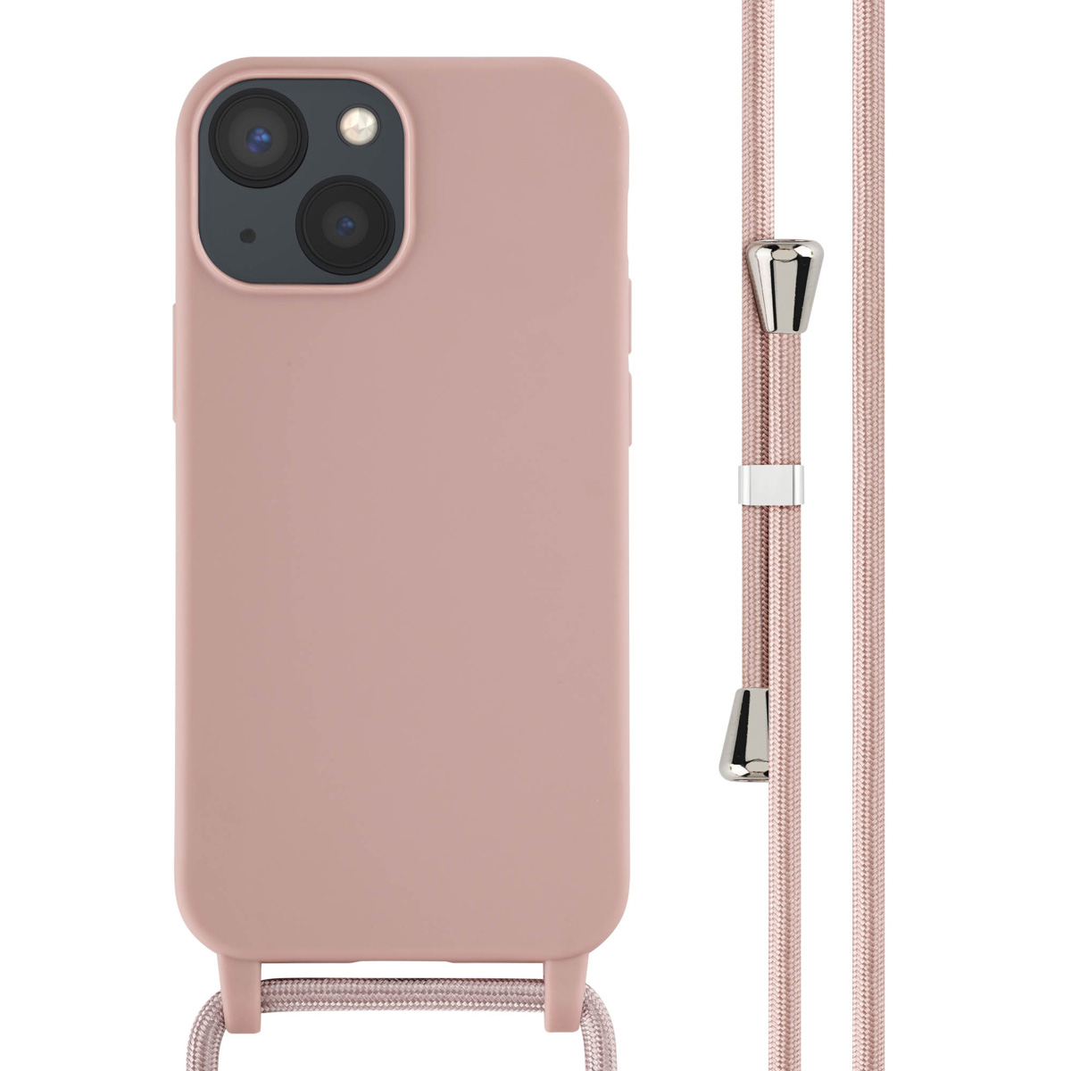 Roze telefoonhoesje met bijpassend roze koord. De telefoon heeft twee lenzen.
