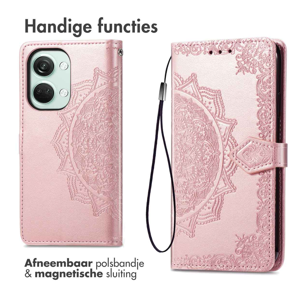 Roze telefoonhoes, open, met mandala-ontwerp en polsbandje.